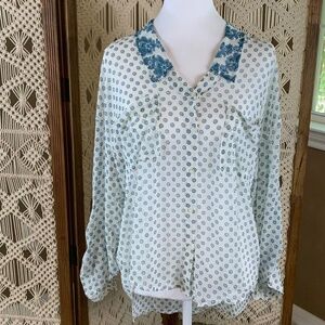 Free People Blue & White "Easy Rider" Button Down Roll Tab Sleeve small oversize